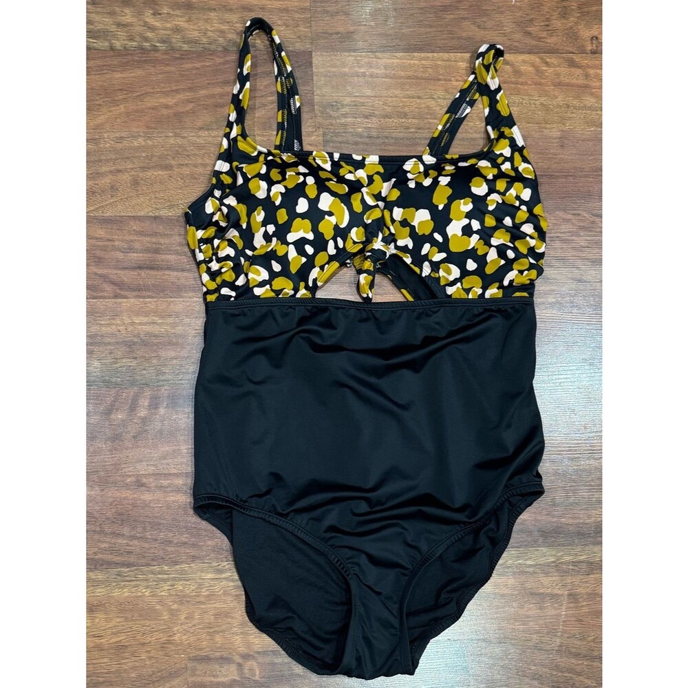 NWT -Beach Betty by Miracle Brands- Black One-Piece Swimsuit with Spot Print Top